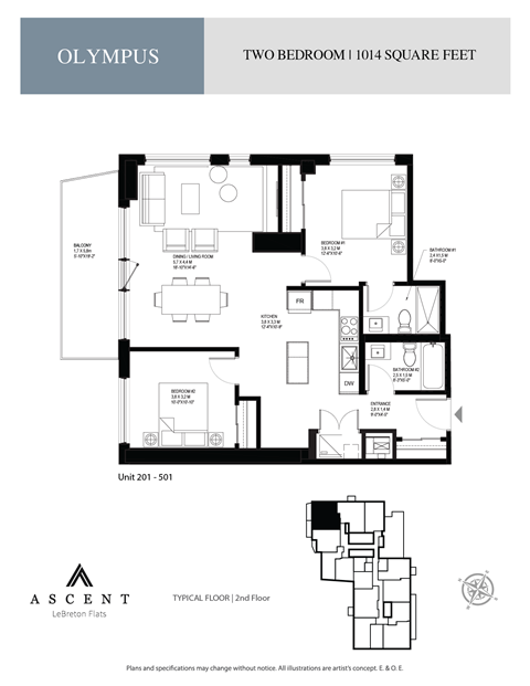 Floor plan for 2 beds, 2 baths, 1030 sqft